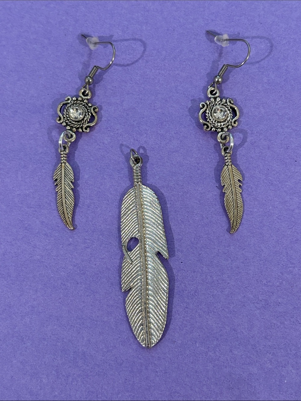 Silver Feather Drop Earrings and Pendant Set - Women's Jewelry